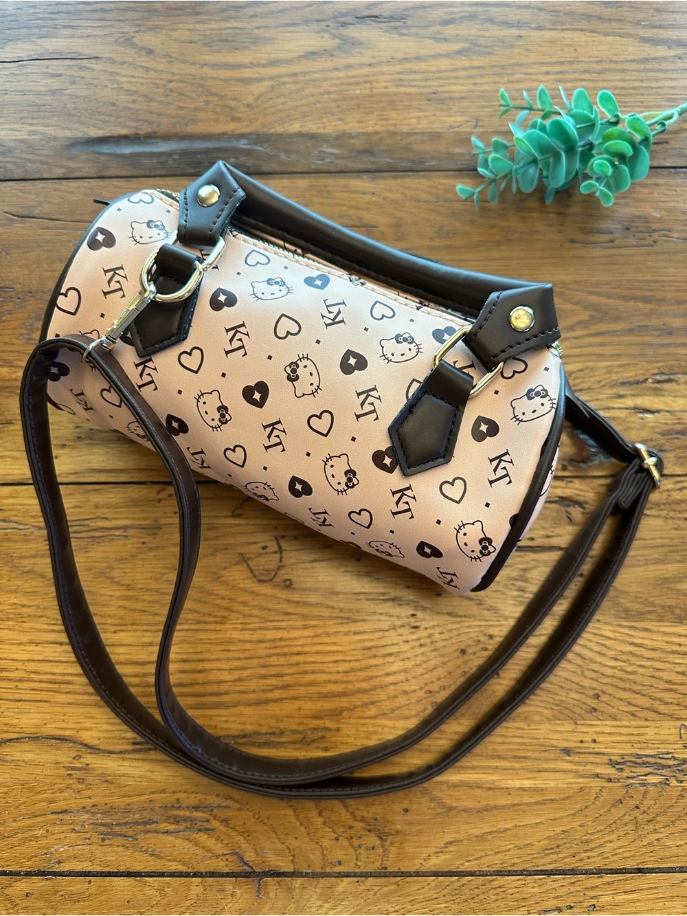 Hello Kitty KT Monogram Faux Leather Barrel Bag Boston Bag Y2k Logo Design